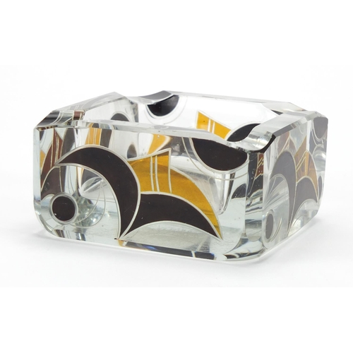 784 - Art Deco glass ashtray etched with geometric motifs, 5cm high x 10cm w x 10cm D