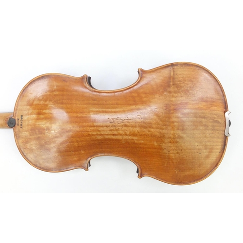 130 - Old wooden violin with one piece back and scrolled neck, stamped Duke London, with two bows and prot... 