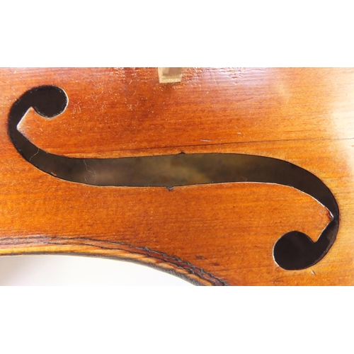 130 - Old wooden violin with one piece back and scrolled neck, stamped Duke London, with two bows and prot... 