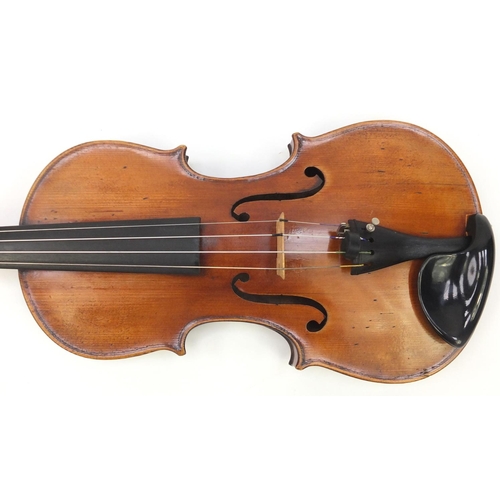 130 - Old wooden violin with one piece back and scrolled neck, stamped Duke London, with two bows and prot... 