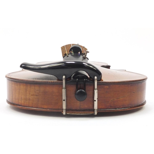 130 - Old wooden violin with one piece back and scrolled neck, stamped Duke London, with two bows and prot... 