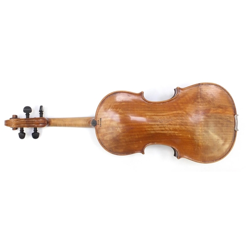 130 - Old wooden violin with one piece back and scrolled neck, stamped Duke London, with two bows and prot... 