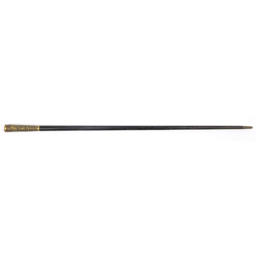 105 - Black painted metal swordstick with brass handle embossed with a Chinese dragon, 89.5cm in length