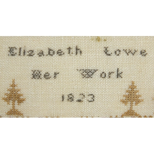 99 - Near pair of early 19th century needlework samplers, by Elizabeth Lowe, dated 1823 and 1824, framed,... 