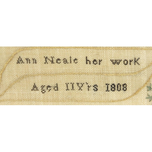 98 - Early 19th century needlepoint sampler by Ann Neale aged 11 years, embroidered with flowers and cont... 