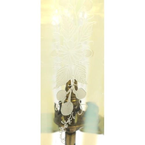 769 - Large Art Nouveau Vaseline glass light shade etched with flowers, housed in a brass hanging pendant ... 