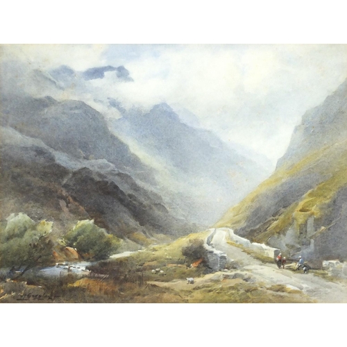 1324 - Harold Gresley - The Misty Pass, Welsh mountain landscape with figures crossing a bridge, watercolou... 