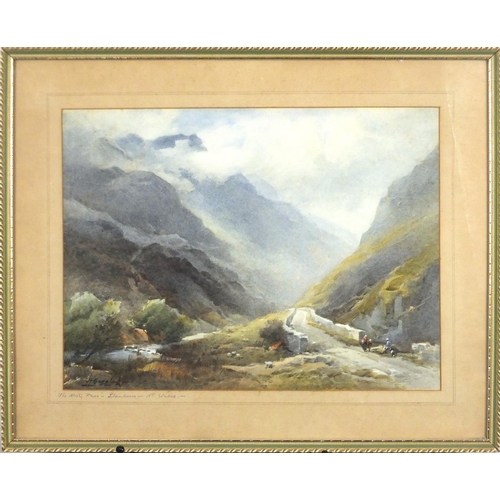 1324 - Harold Gresley - The Misty Pass, Welsh mountain landscape with figures crossing a bridge, watercolou... 