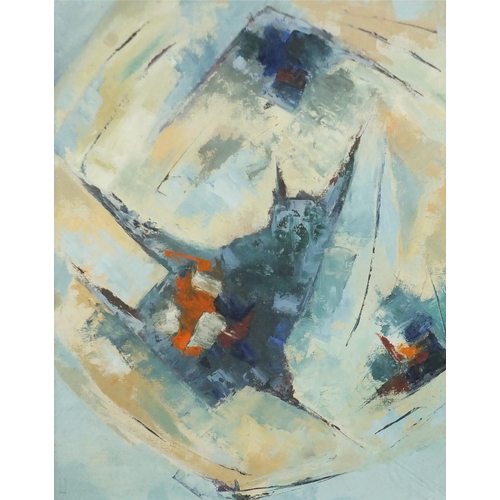 1310 - Abstract composition, oil on board, bearing a label inscribed Gazbel verso, framed, 49.5cm x 39.5cm