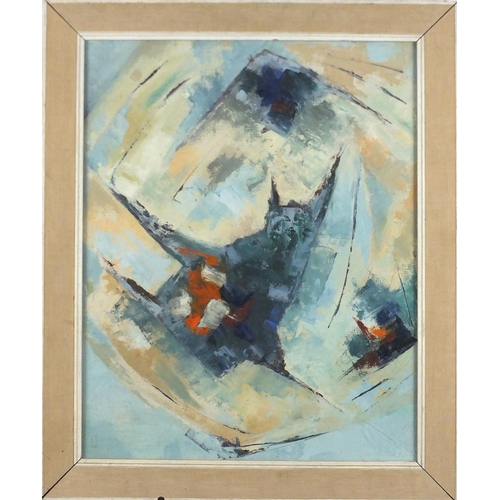 1310 - Abstract composition, oil on board, bearing a label inscribed Gazbel verso, framed, 49.5cm x 39.5cm