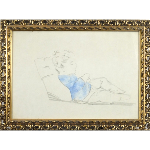 1308 - Portrait of a young child, pencil and gouache on paper, label verso, framed, 40cm x 28cm