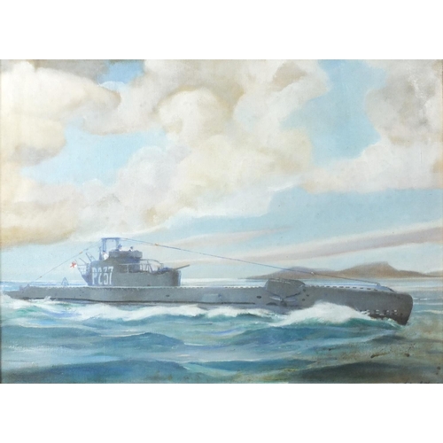 1312 - Submarine in calm water, P237, oil on canvas bearing an obscured signature, mounted and framed, 47cm... 