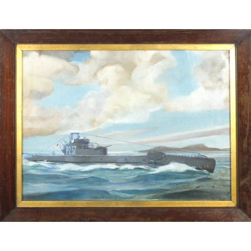 1312 - Submarine in calm water, P237, oil on canvas bearing an obscured signature, mounted and framed, 47cm... 