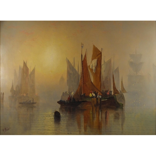 1289 - G Wilson - Boats entering a harbour, oil on canvas, labels verso, mounted and framed, 98cm x 65cm