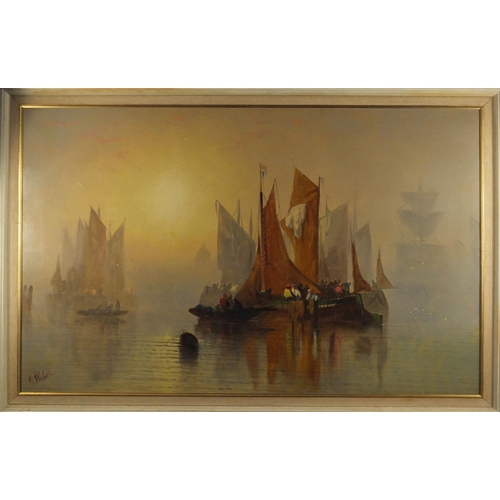 1289 - G Wilson - Boats entering a harbour, oil on canvas, labels verso, mounted and framed, 98cm x 65cm