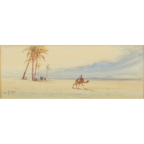 1306 - Egyptian desert scene, with figure on camel back, watercolour, bearing a signature possibly Jacohe, ... 