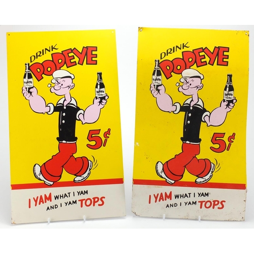 145 - Pair of vintage drink Popeye advertising signs, I Yam What I Yam and I Yam Tops, each 43cm x 25cm