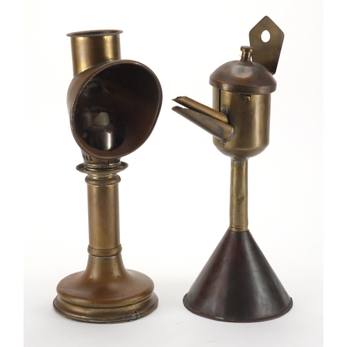 85 - 19th century whale oil lamp and a French adjustable students lamp, the largest 34cm high