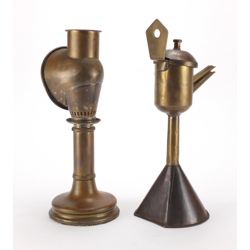 85 - 19th century whale oil lamp and a French adjustable students lamp, the largest 34cm high