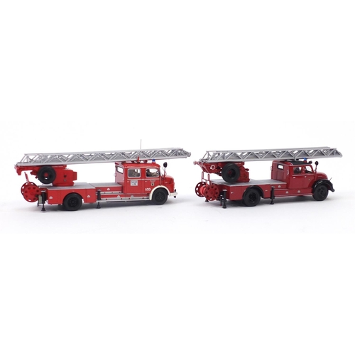 693 - Two Minichamp die cast fire engines, with boxes Mercedes Benz 1113, aerial ladder 1966 and Magirus 6... 