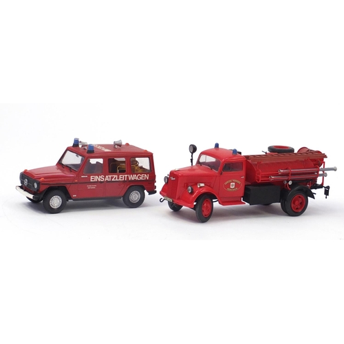 696 - Three scratch built model fire engines and a jeep, one with display stand, the largest 48cm in lengt... 