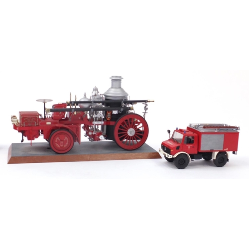 696 - Three scratch built model fire engines and a jeep, one with display stand, the largest 48cm in lengt... 