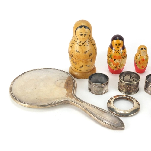 2542 - Antique and later objects including Russian Matryoshka, with paper label dated 1961, rectangular sil... 