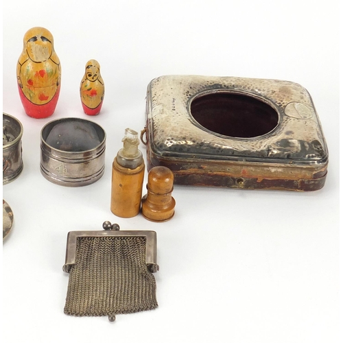 2542 - Antique and later objects including Russian Matryoshka, with paper label dated 1961, rectangular sil... 