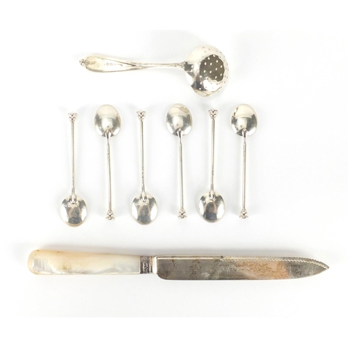 2544 - Set of six silver teaspoons, silver straining spoon and a silver and Mother of Pearl fish knife, var... 