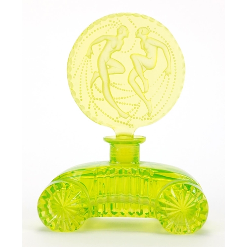 782 - Czechoslovakian Art Deco glass scent bottle, the stopper etched with two nude figures, 13cm high