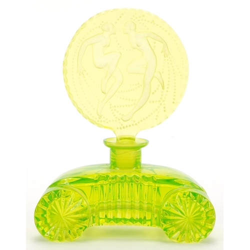 782 - Czechoslovakian Art Deco glass scent bottle, the stopper etched with two nude figures, 13cm high