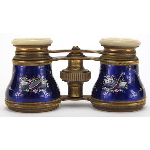 24 - 19th century French Mother of Pearl and brass opera glasses, the blue enamelled barrels hand painted... 