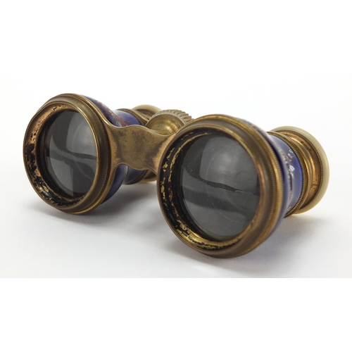 24 - 19th century French Mother of Pearl and brass opera glasses, the blue enamelled barrels hand painted... 