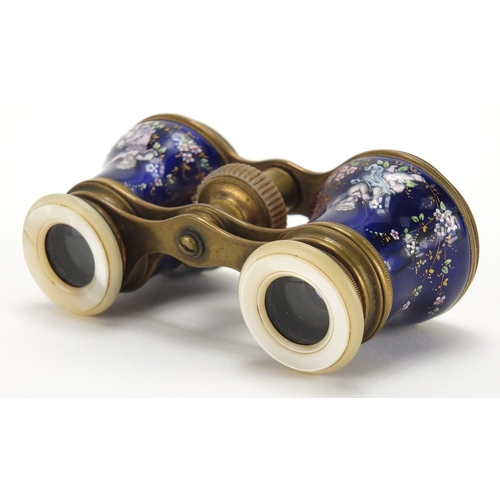 24 - 19th century French Mother of Pearl and brass opera glasses, the blue enamelled barrels hand painted... 