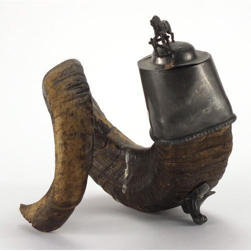 65 - Horn table snuff mule with pewter mounts, 21cm high