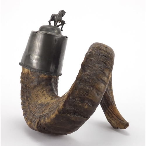 65 - Horn table snuff mule with pewter mounts, 21cm high