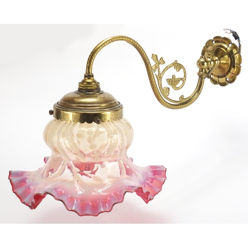 770 - Art Nouveau vaseline and cranberry glass shade, with frilled rim and brass wall mount, 14cm high x 2... 