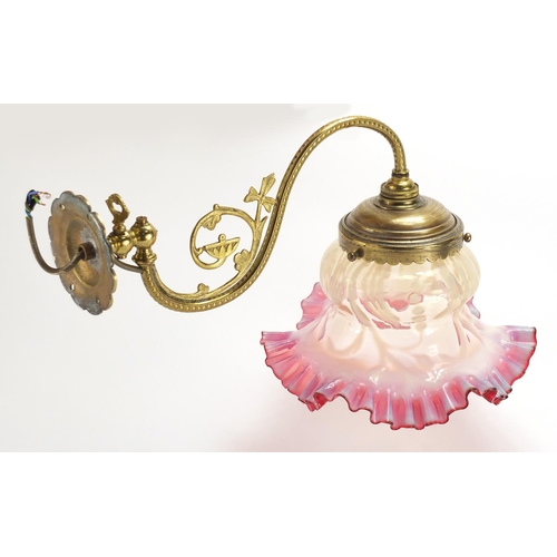 770 - Art Nouveau vaseline and cranberry glass shade, with frilled rim and brass wall mount, 14cm high x 2... 