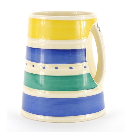 796 - Art Deco Crown Works Burselm mug by Susie Cooper, hand painted with yellow, blue and green lines, fa... 