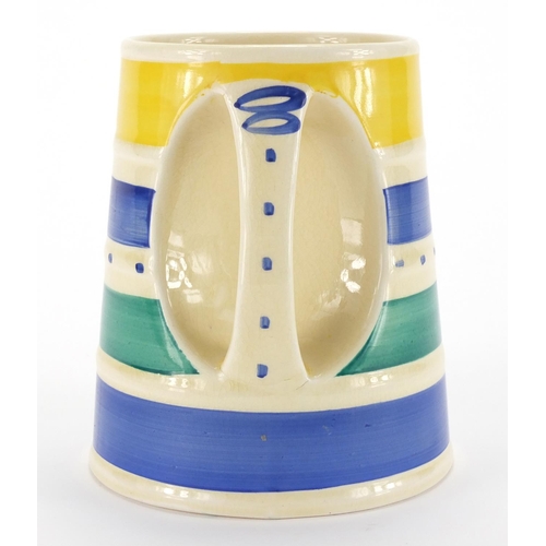 796 - Art Deco Crown Works Burselm mug by Susie Cooper, hand painted with yellow, blue and green lines, fa... 