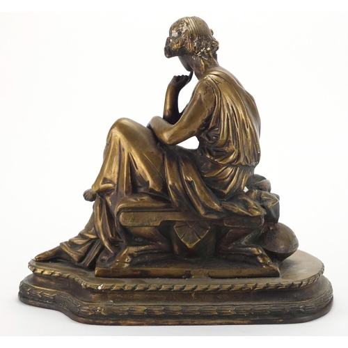 49 - Patinated bronze study of a seated female seated in classical dress, on shaped base, 29cm high