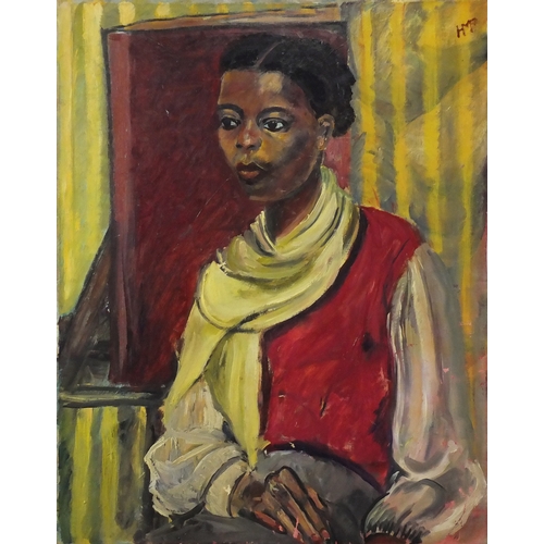 1333 - Portrait of an African female, oil on canvas laid on board, bearing a monogram HM, unframed, 61.5cm ... 