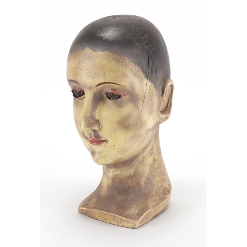 79 - Early 20th century hand painted carved wooden mannequin bust, 27.5cm high