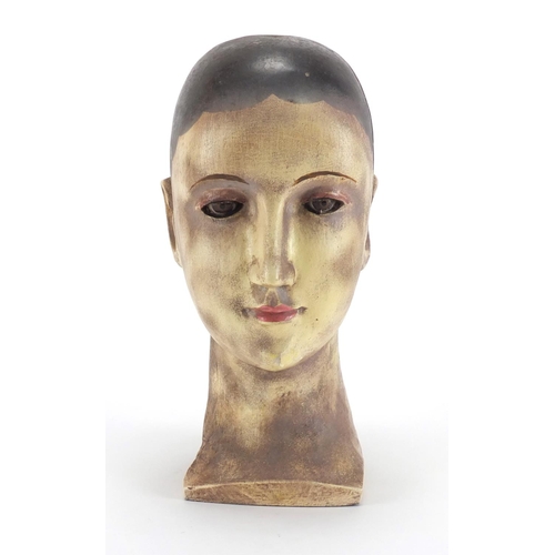 79 - Early 20th century hand painted carved wooden mannequin bust, 27.5cm high