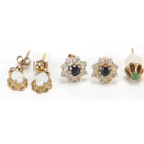 2698 - Four pairs of 9ct gold earrings, set with assorted stones including opals and sapphires, approximate... 