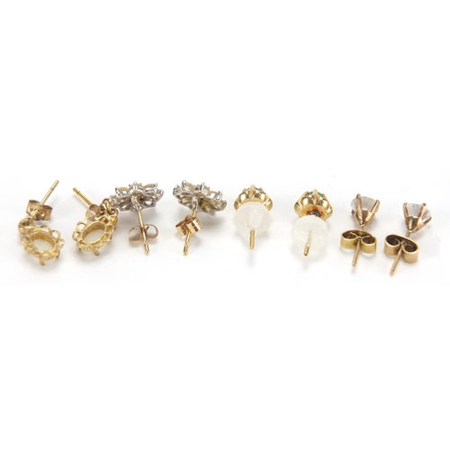 2698 - Four pairs of 9ct gold earrings, set with assorted stones including opals and sapphires, approximate... 