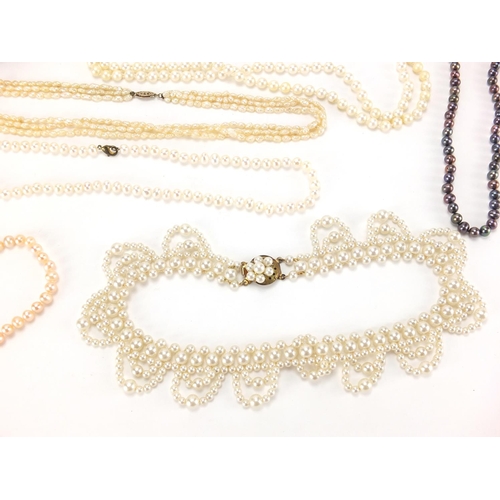 2746 - Freshwater and simulated pearl necklaces and earrings including Lotus, some with silver clasps