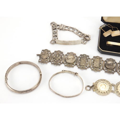 2717 - Silver and white metal jewellery including identity bracelet, Pierre Cardin bangle, cuff links and a... 