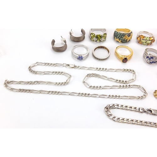 2757 - Mostly silver jewellery including rings, set with semi precious stones and necklaces, approximate we... 