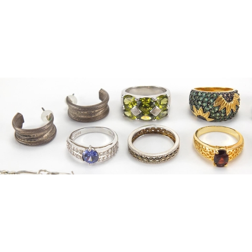 2757 - Mostly silver jewellery including rings, set with semi precious stones and necklaces, approximate we... 